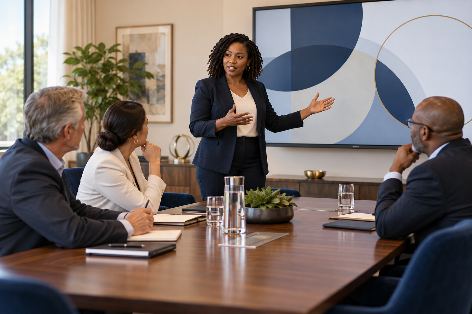 Illustrative executive leading a presentation to three colleagues