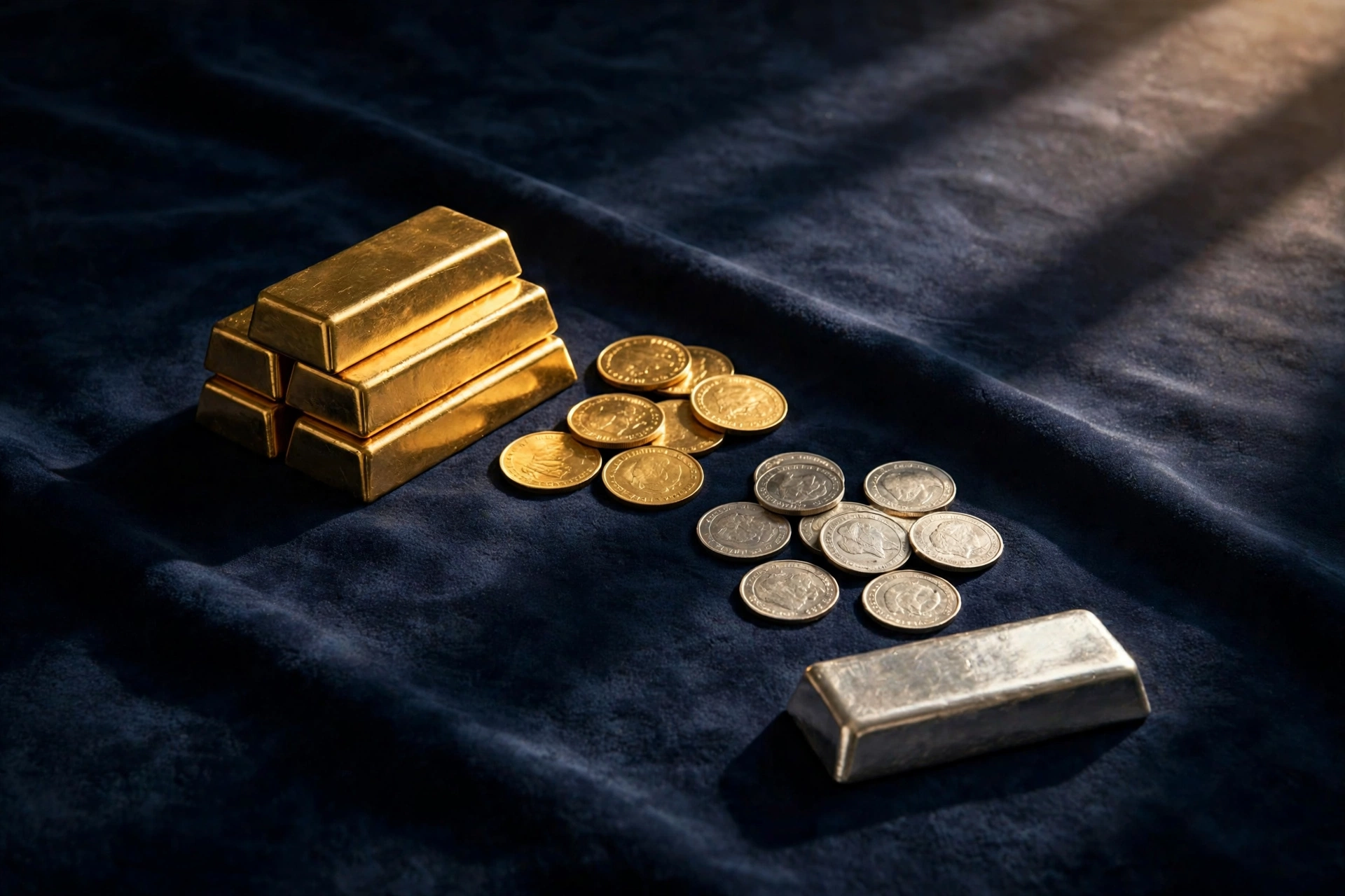 Gold bars, gold and silver coins, and a silver bar on dark velvet