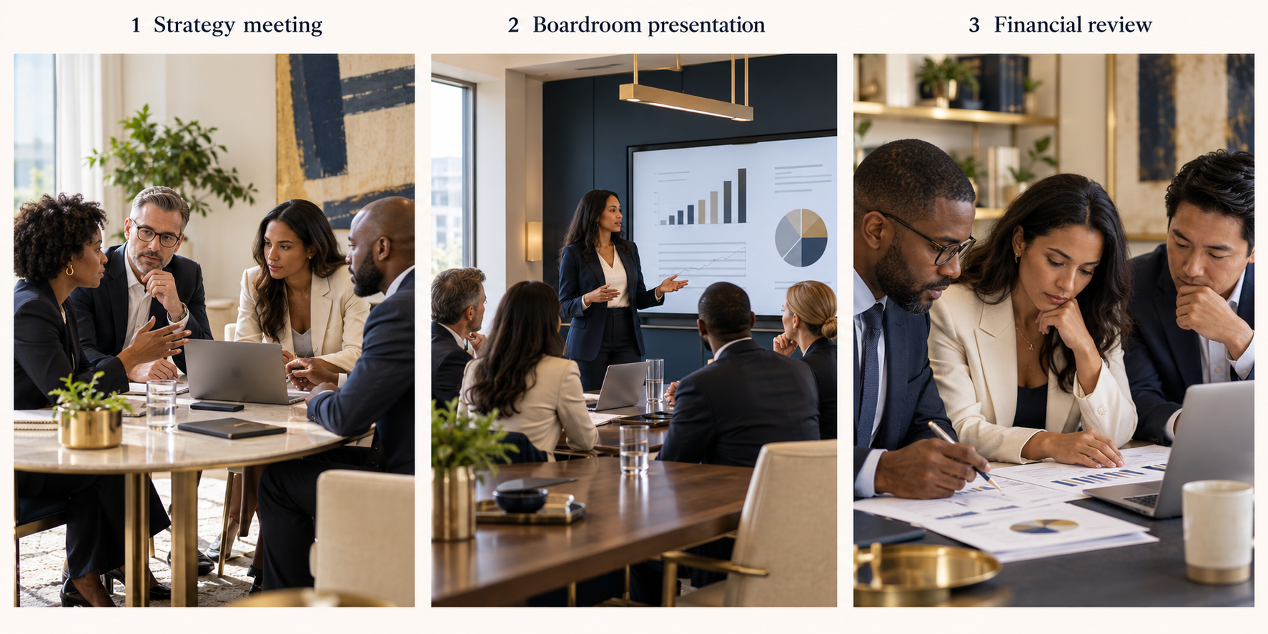 Illustrative strategy meeting of four diverse business leaders reviewing a laptop together
